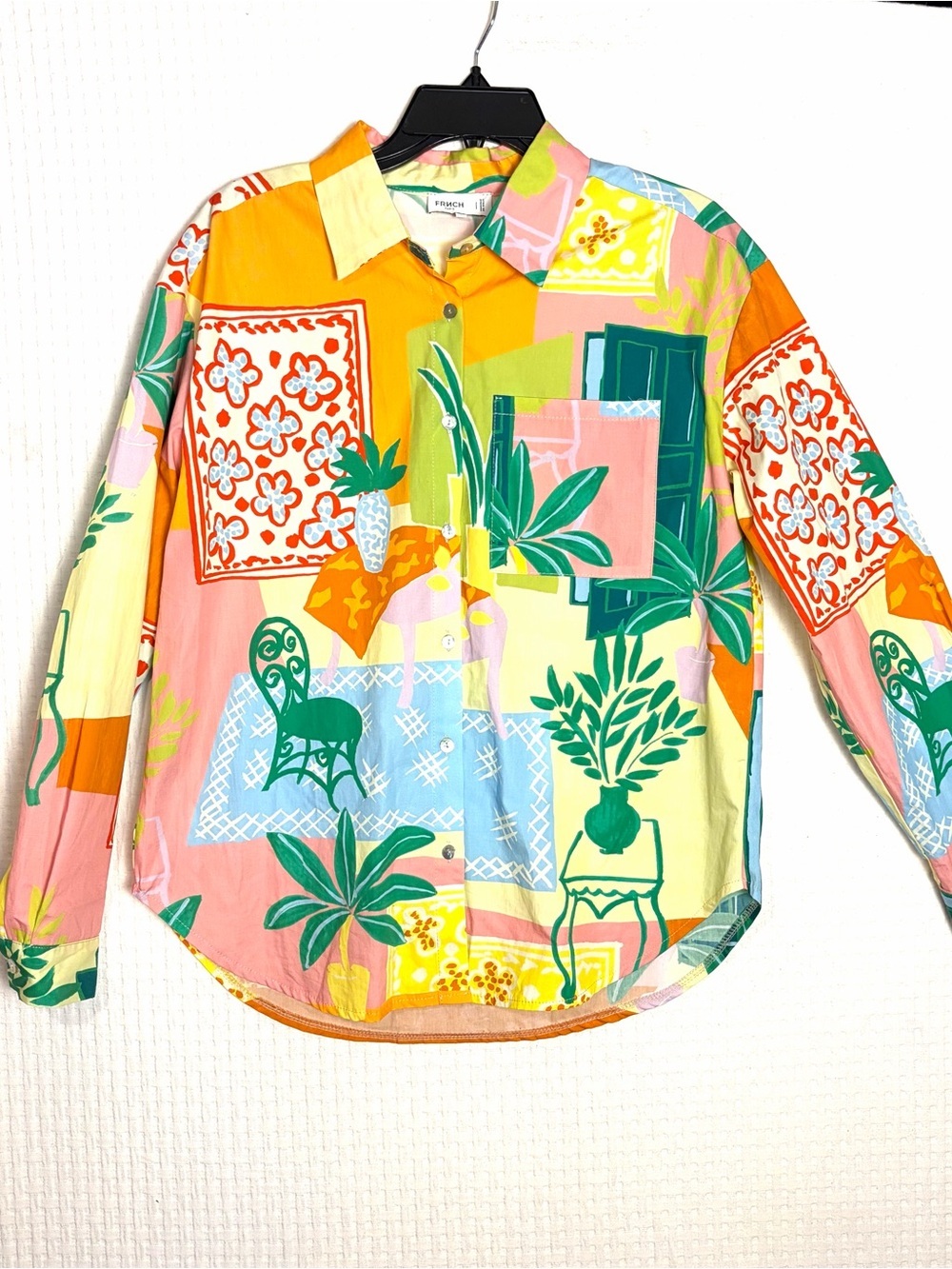 FRNCH Paris Kylie Button Blouse Top Long Sleeve Tropical Colorful Women S Italy